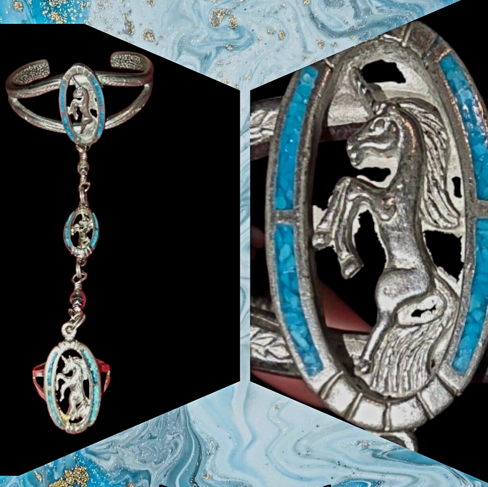 📣 Vintage Bohemian Unicorn 🦄 Turquoise Slave EJC 1989 Pewter  🎁 😍